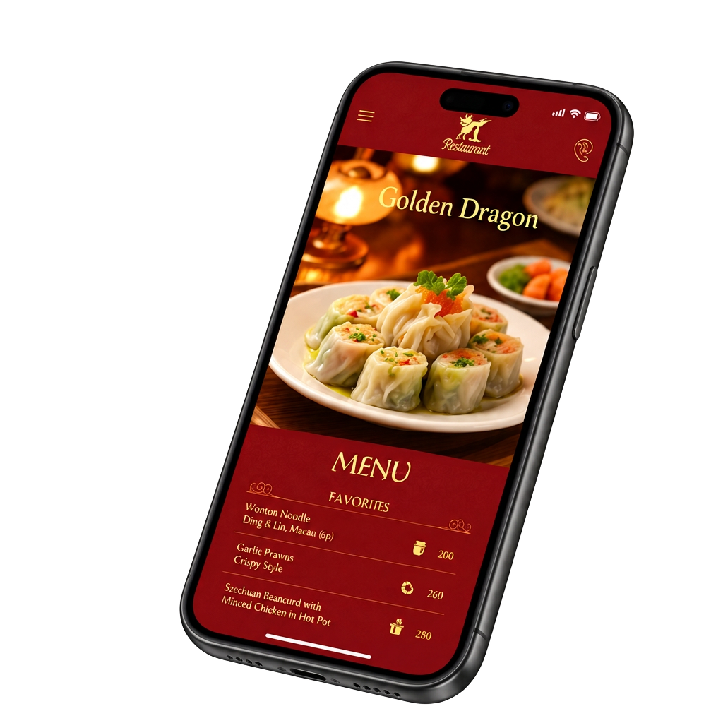 Sample restaurant website on a phone showing the Golden Dragon menu